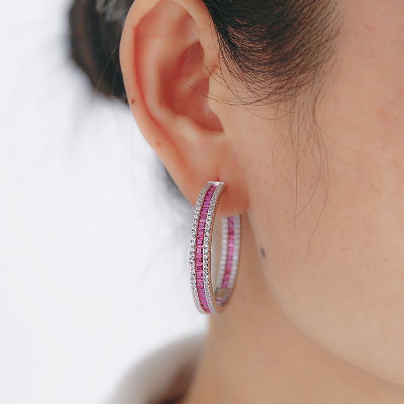 925 Silver Red & Cubic Zirconia Set Hoops 18mm