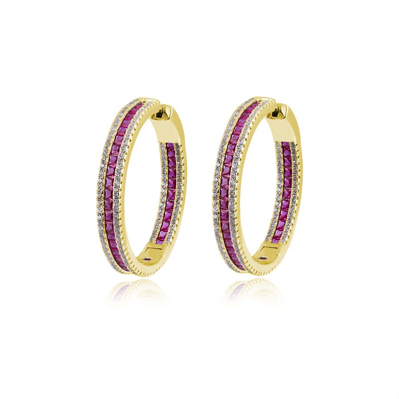 925 Silver Gold Plated Red & White Cubic Zirconia Set Hoops 18mm