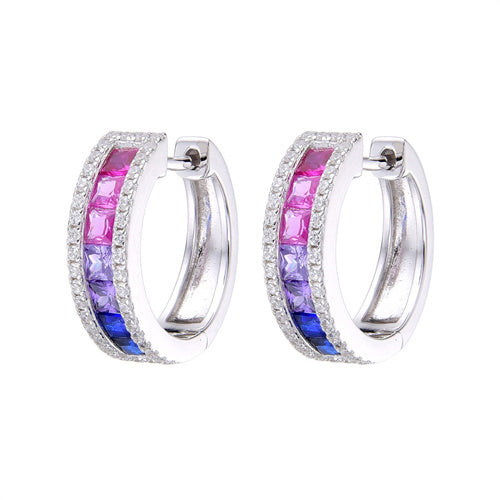 925 Silver Rhodium Plated Multi Col Cubic Zirconia Set Huggie Earrings