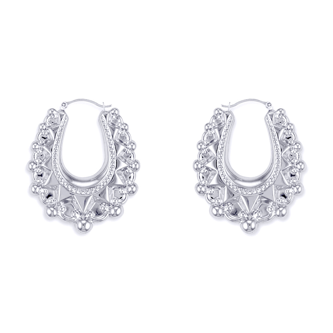AER178B | 925 Sterling Silver Oval Spiked Creole Earrings