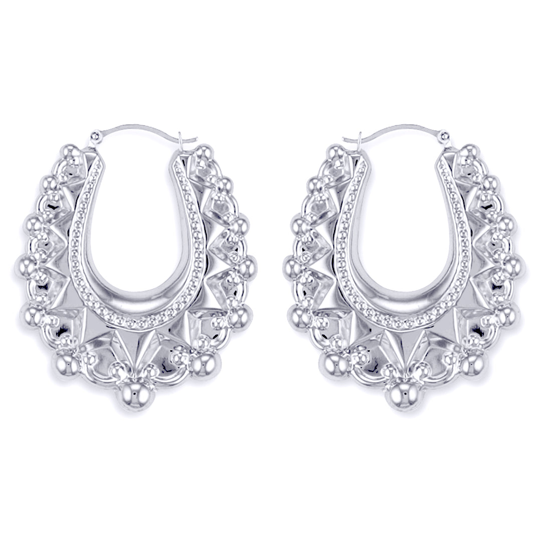AER178C | 925 Sterling Silver Oval Spiked Creole Earrings