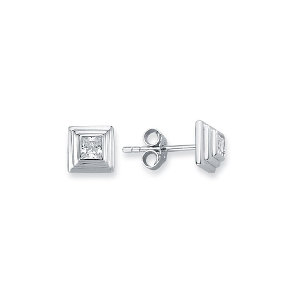 925 SilverTiered Wedding Cake Solitare 5mm Square Cubic Zirconia Set Stud Earrings