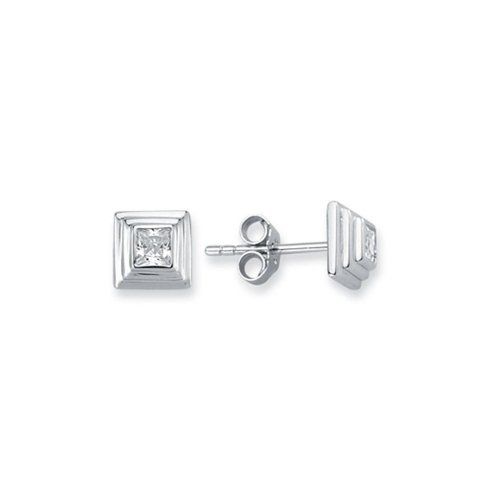 925 SilverTiered Wedding Cake Solitare 6mm Square Cubic Zirconia Set Stud Earrings