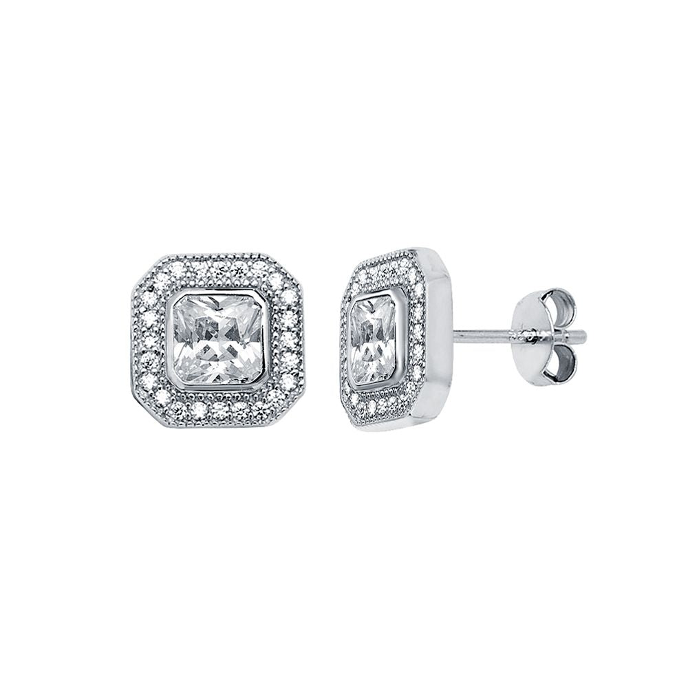 925 Silver Square Cubic Zirconia Set Halo Stud Earrings