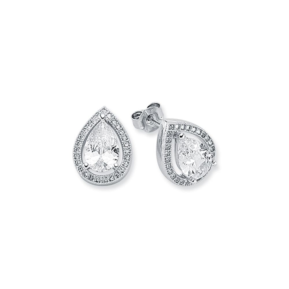 925 Silver Cubic Zirconia Set Pear Shape Halo Stud Earrings