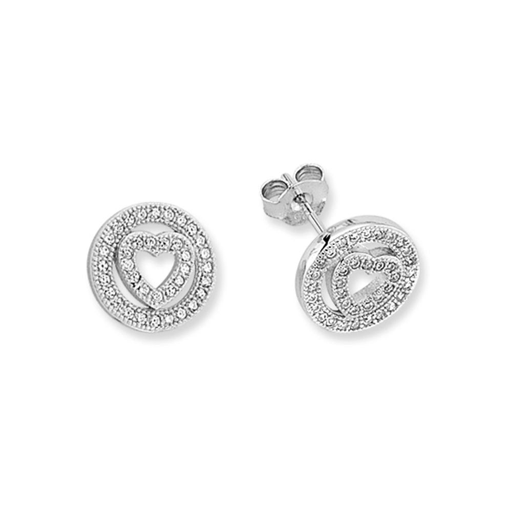925 Silver Cubic Zirconia Set Heart in Circle Studs