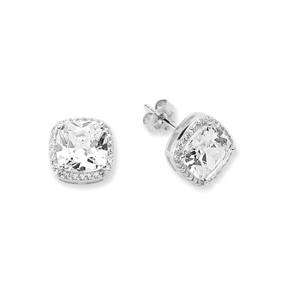 925 Silver Cubic Zirconia Set Cushion Halo Studs