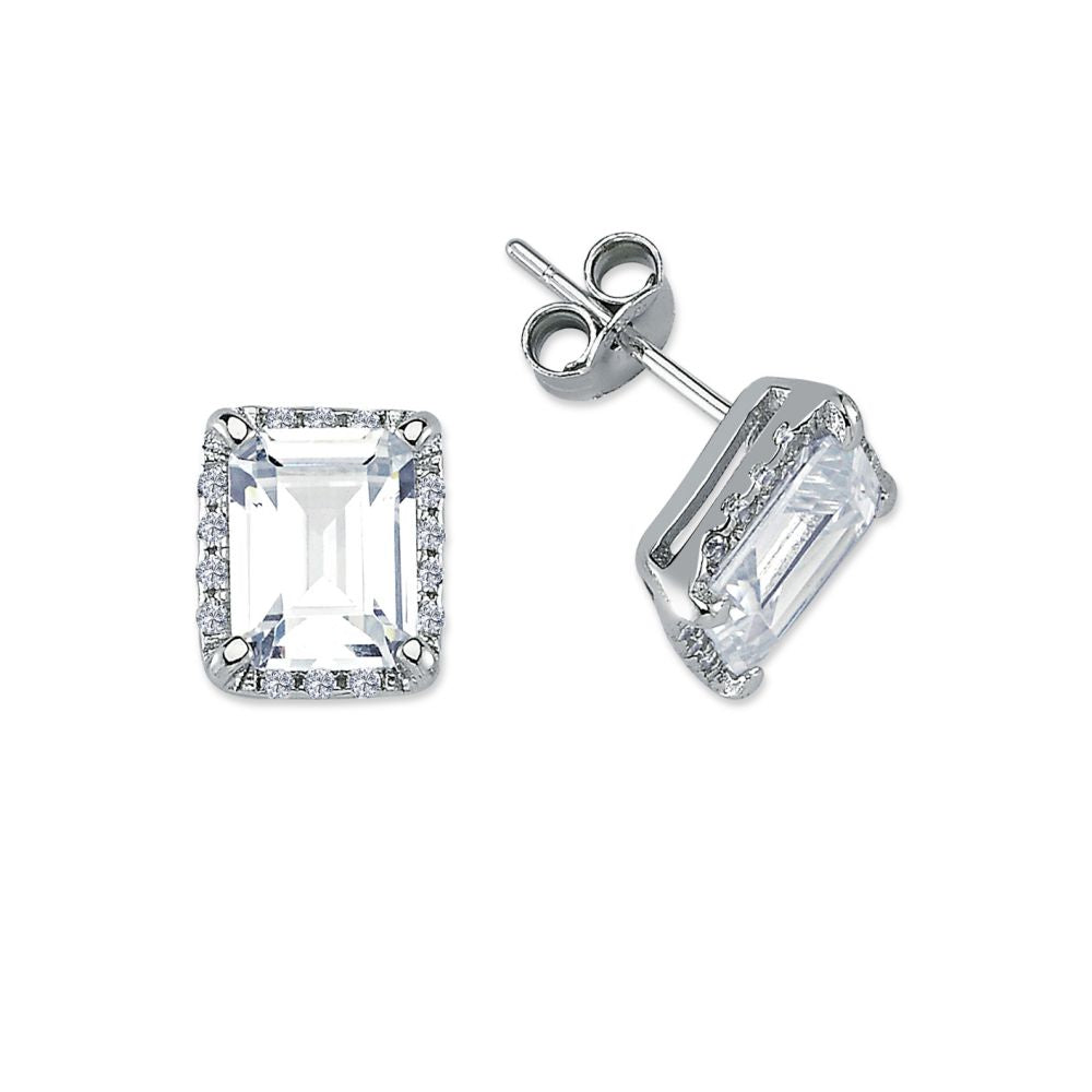 925 Silver Cubic Zirconia Set Emerald Cut Cluster Studs