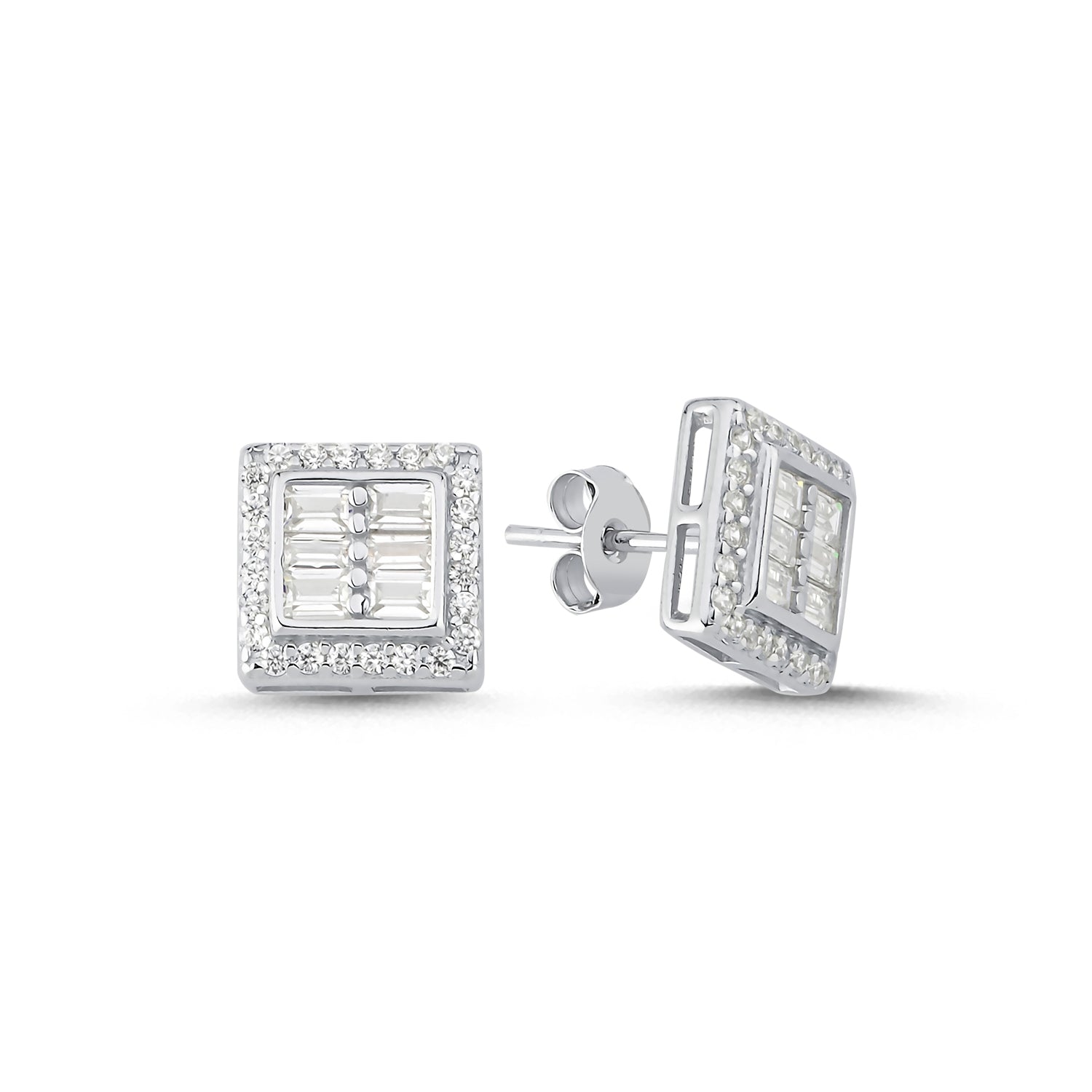 925 Silver Cubic Zirconia Brilliant and Baguette Cut Square Studs