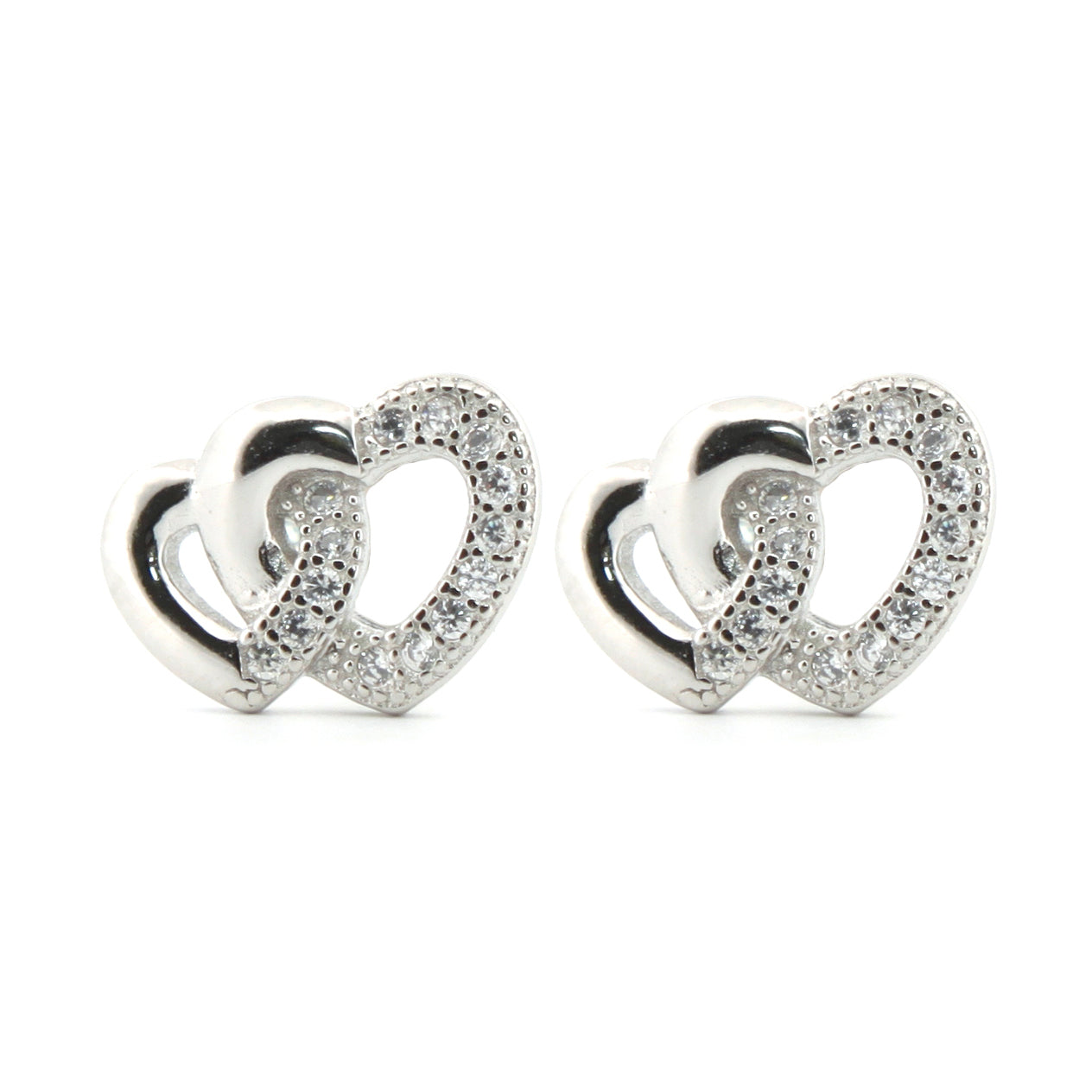 925 Silver Rhodium Plated Cubic Zirconia Set Heart Studs