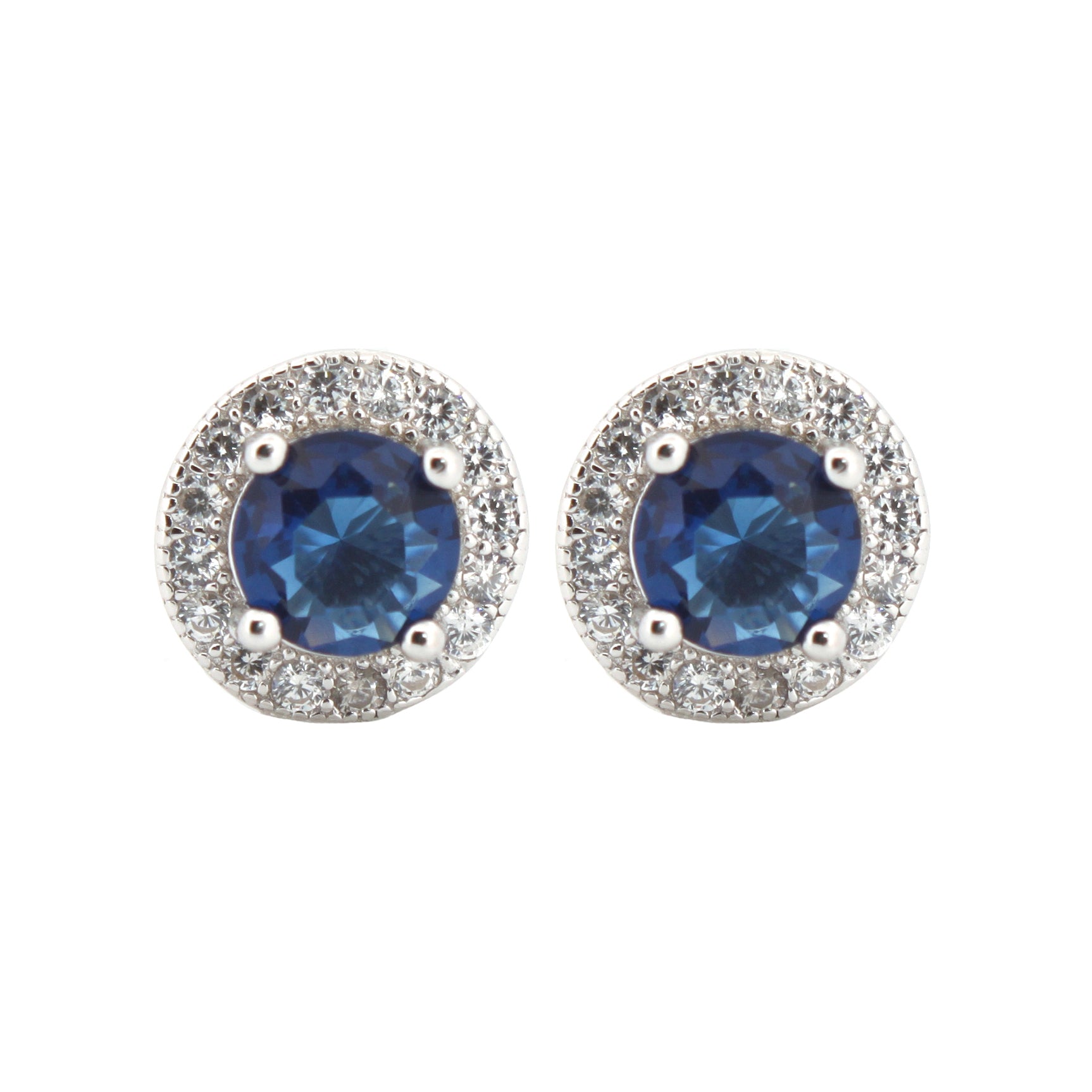 925 Silver Rhodium Halo Studs Sapphire Centre Cubic Zirconia