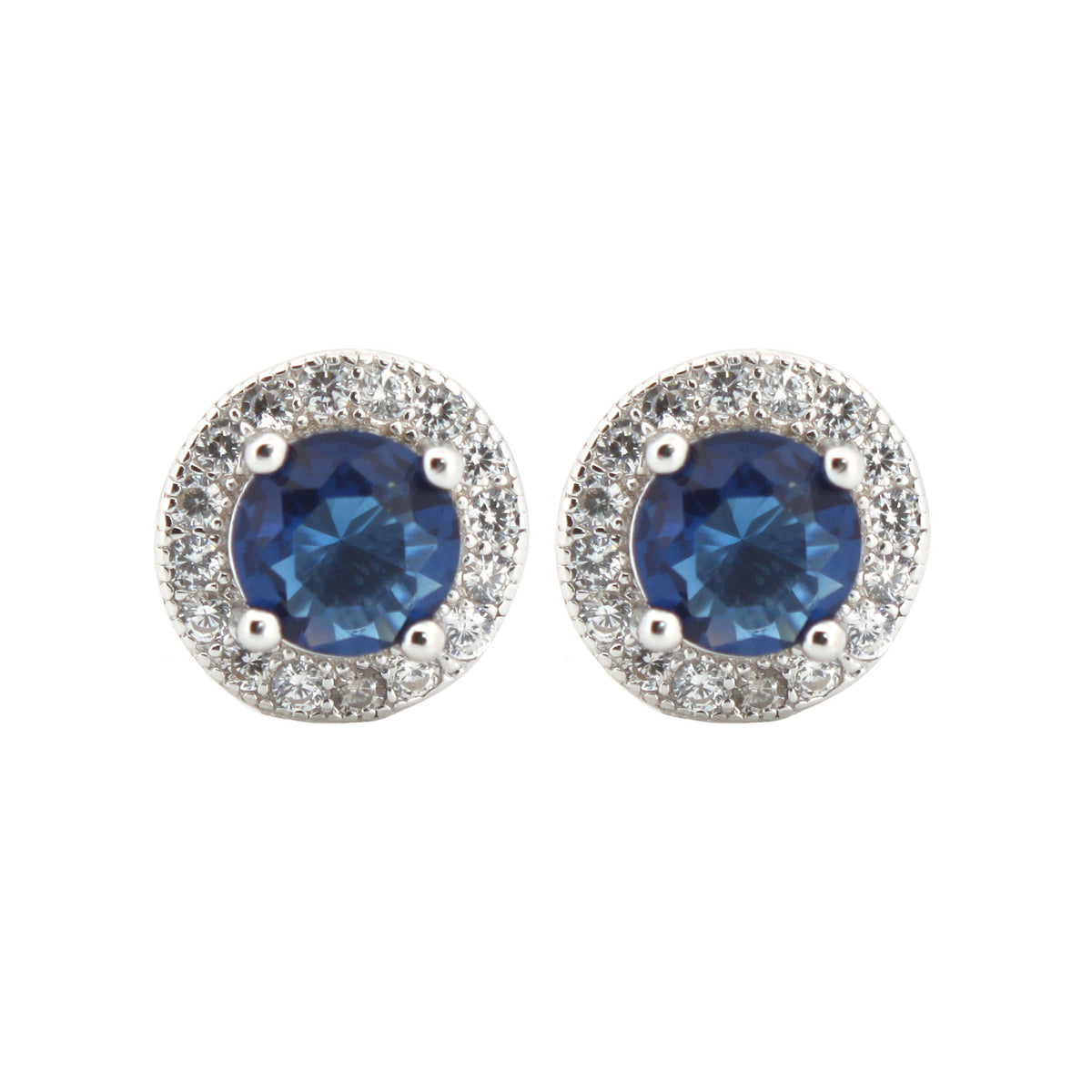 925 Silver Rhodium Halo Studs Sapphire Centre Cubic Zirconia
