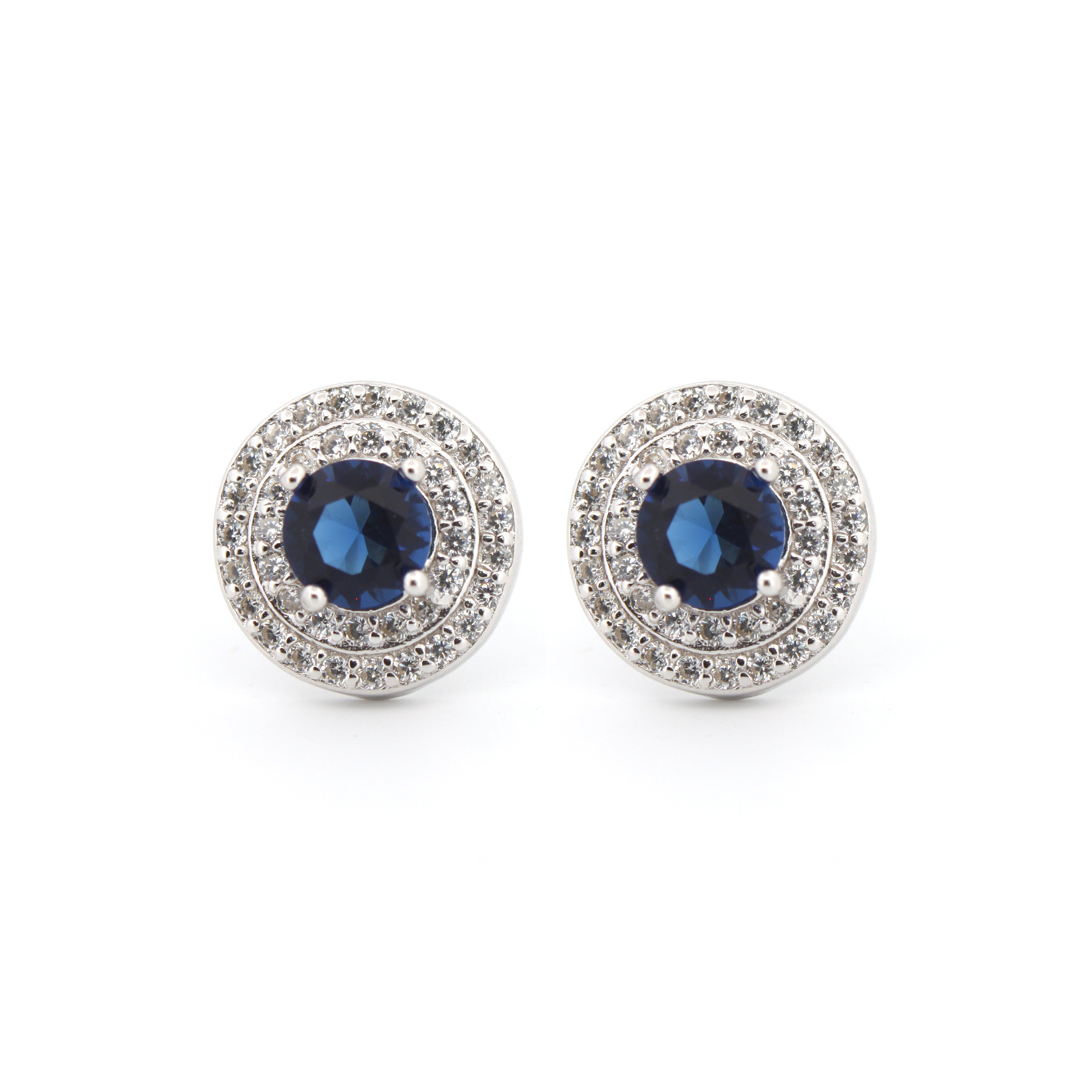 925 Silver Rhodium Halo Studs Sapphire Centre Cubic Zirconia