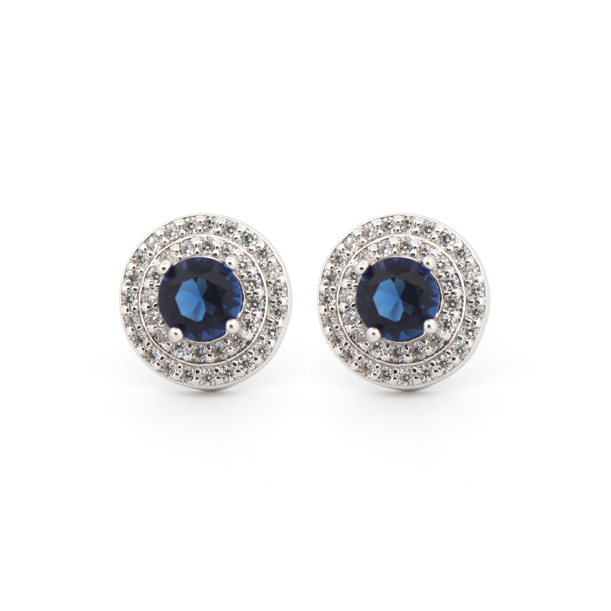 925 Silver Rhodium Halo Studs Sapphire Centre Cubic Zirconia