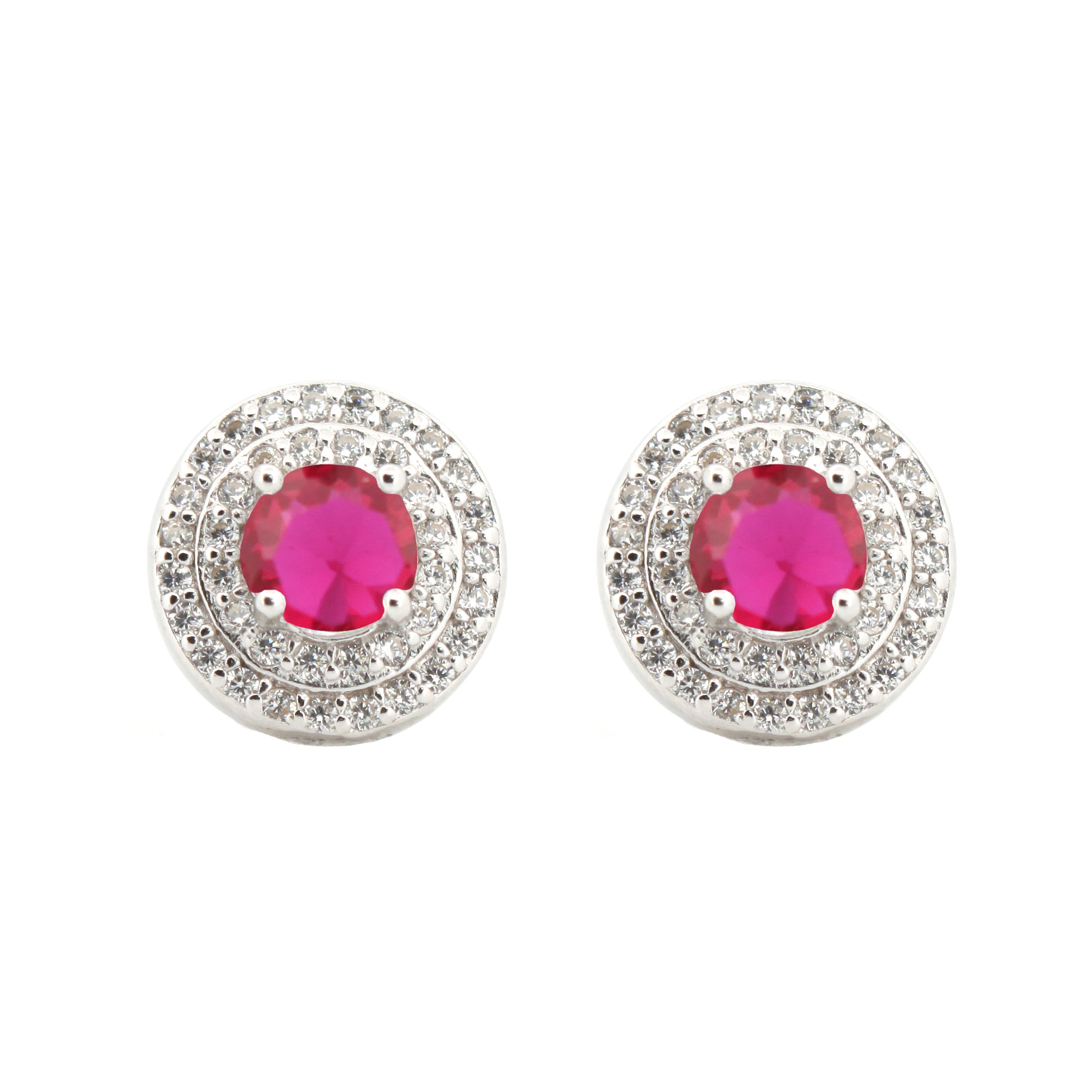 AES220R | 925 Silver Rhodium Halo Studs Ruby Centre CZ
