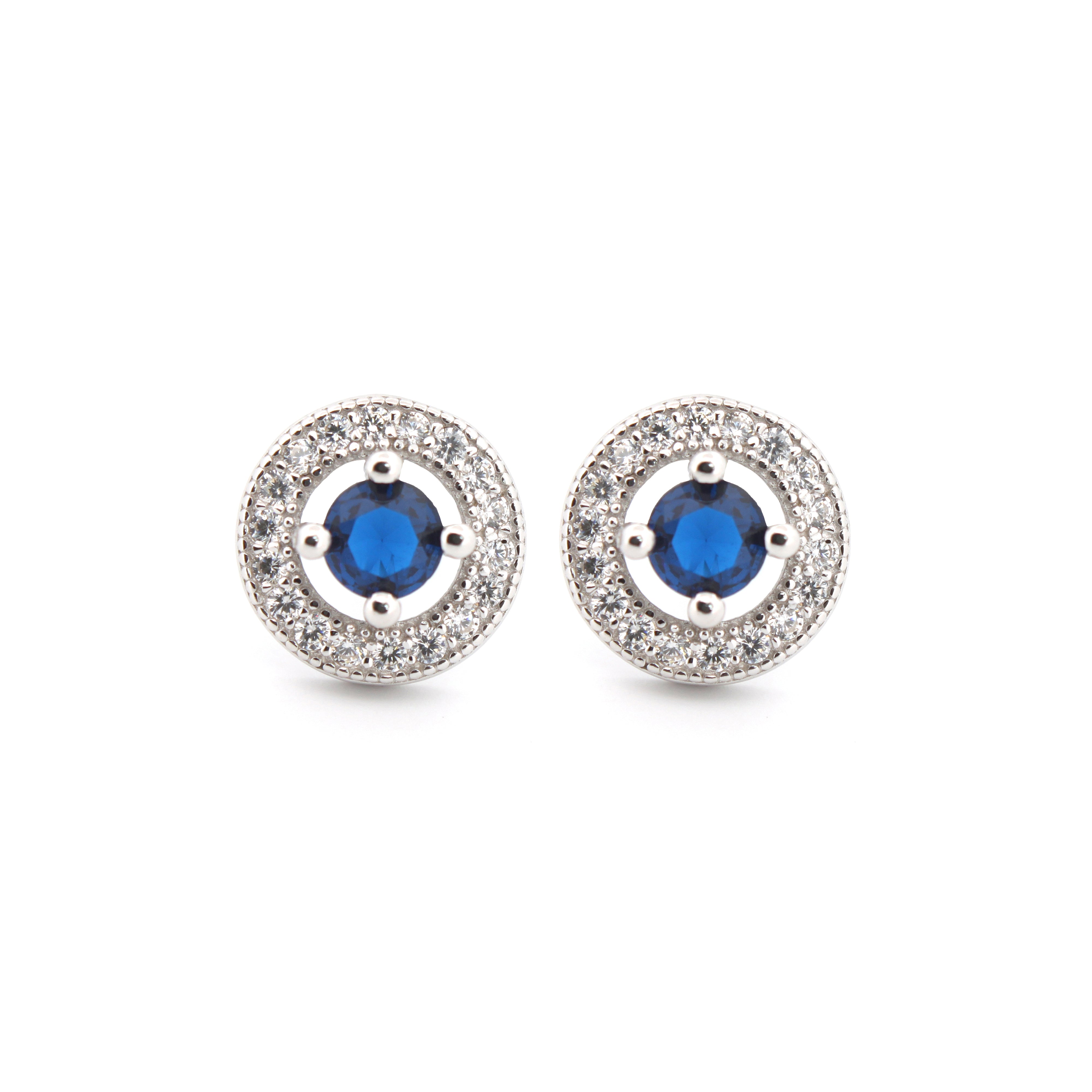 AES221B | 925 Silver Rhodium Halo Studs Sapphire Centre CZ