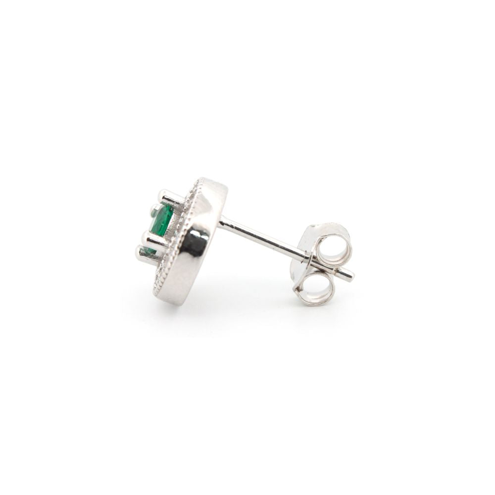 925 Silver Rhodium Halo Studs Emerald Centre Cubic Zirconia