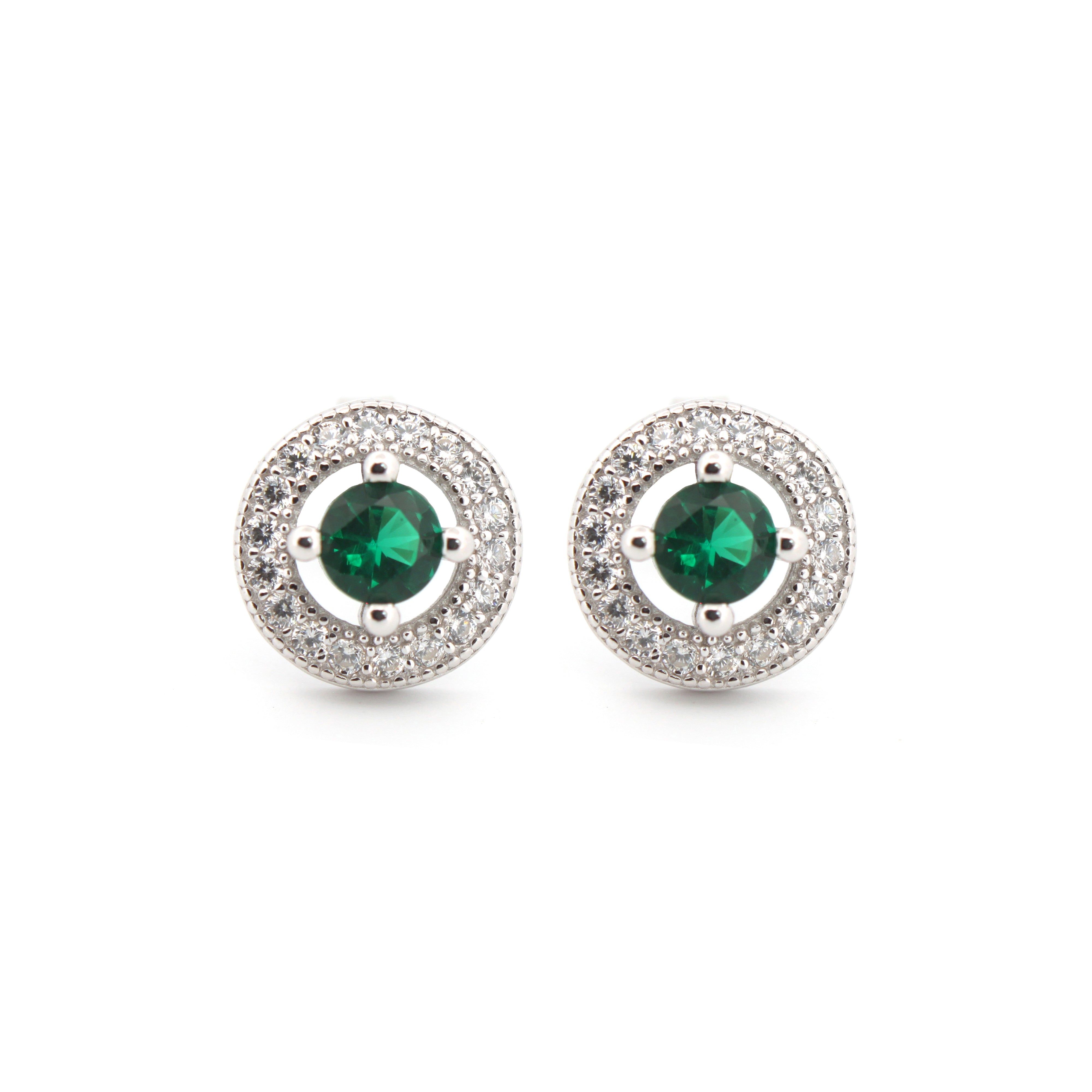 925 Silver Rhodium Halo Studs Emerald Centre Cubic Zirconia