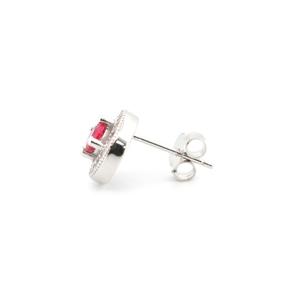 925 Silver Rhodium Halo Studs Ruby Centre Cubic Zirconia
