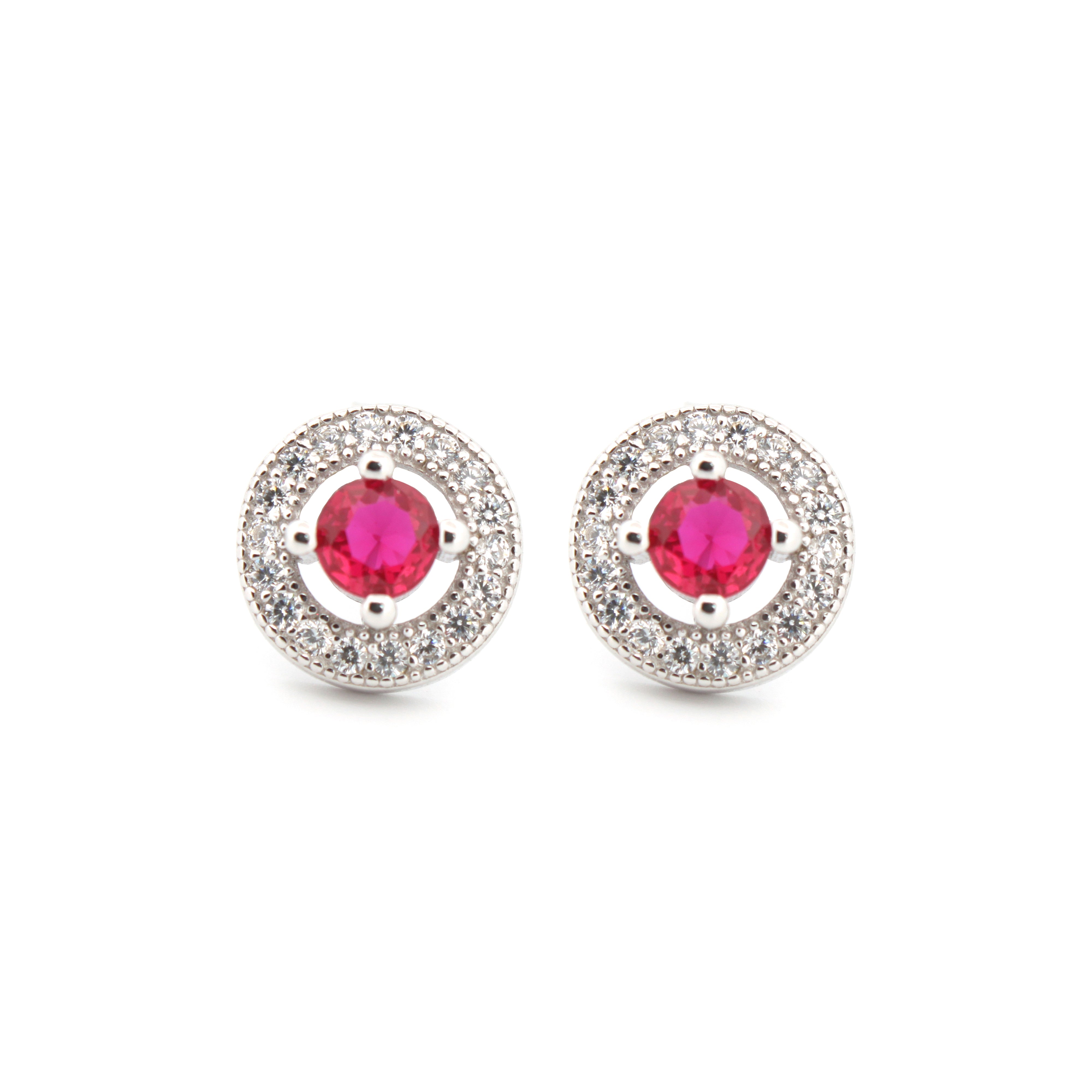 925 Silver Rhodium Halo Studs Ruby Centre Cubic Zirconia