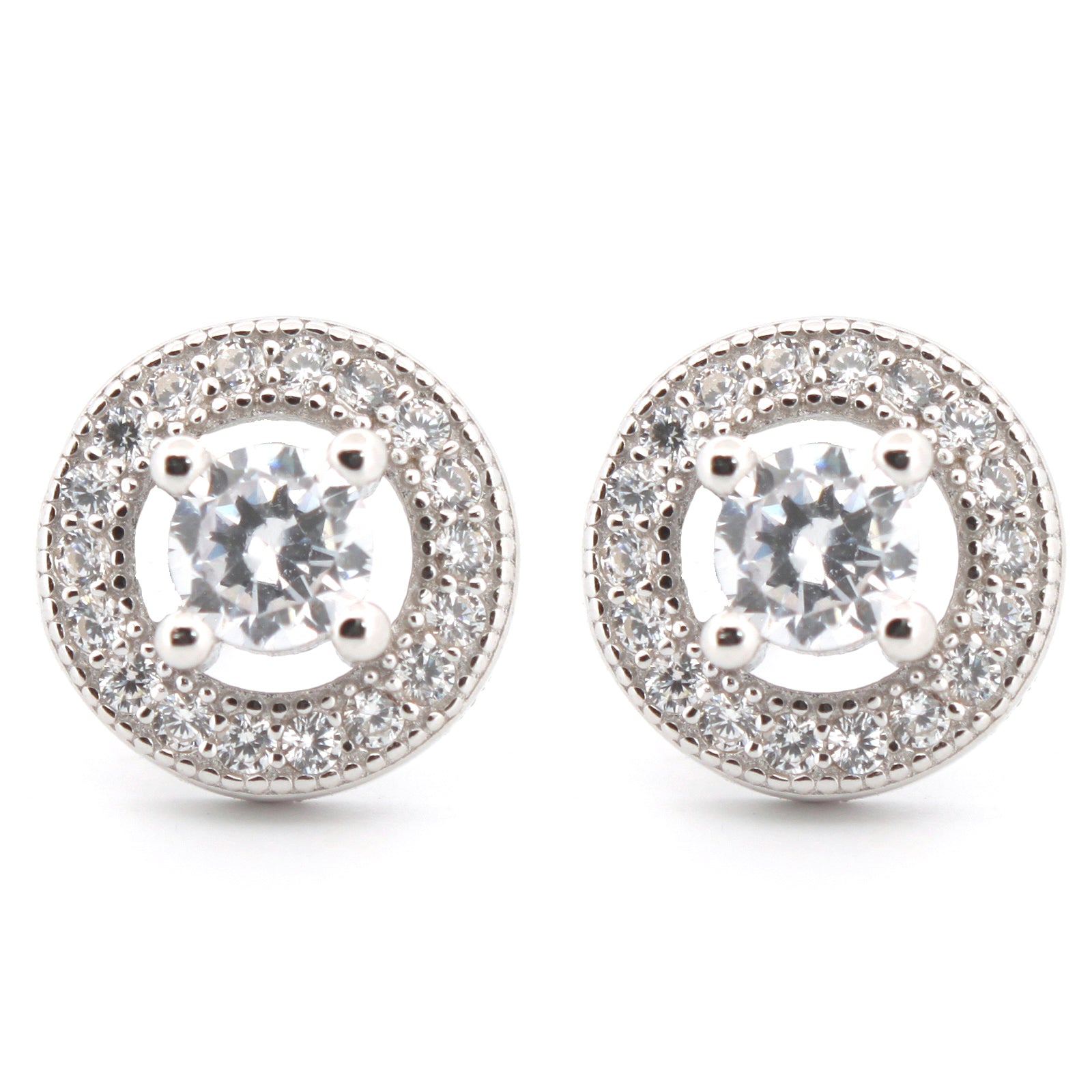 925 Silver Rhodium Halo Cubic Zirconia Studs White