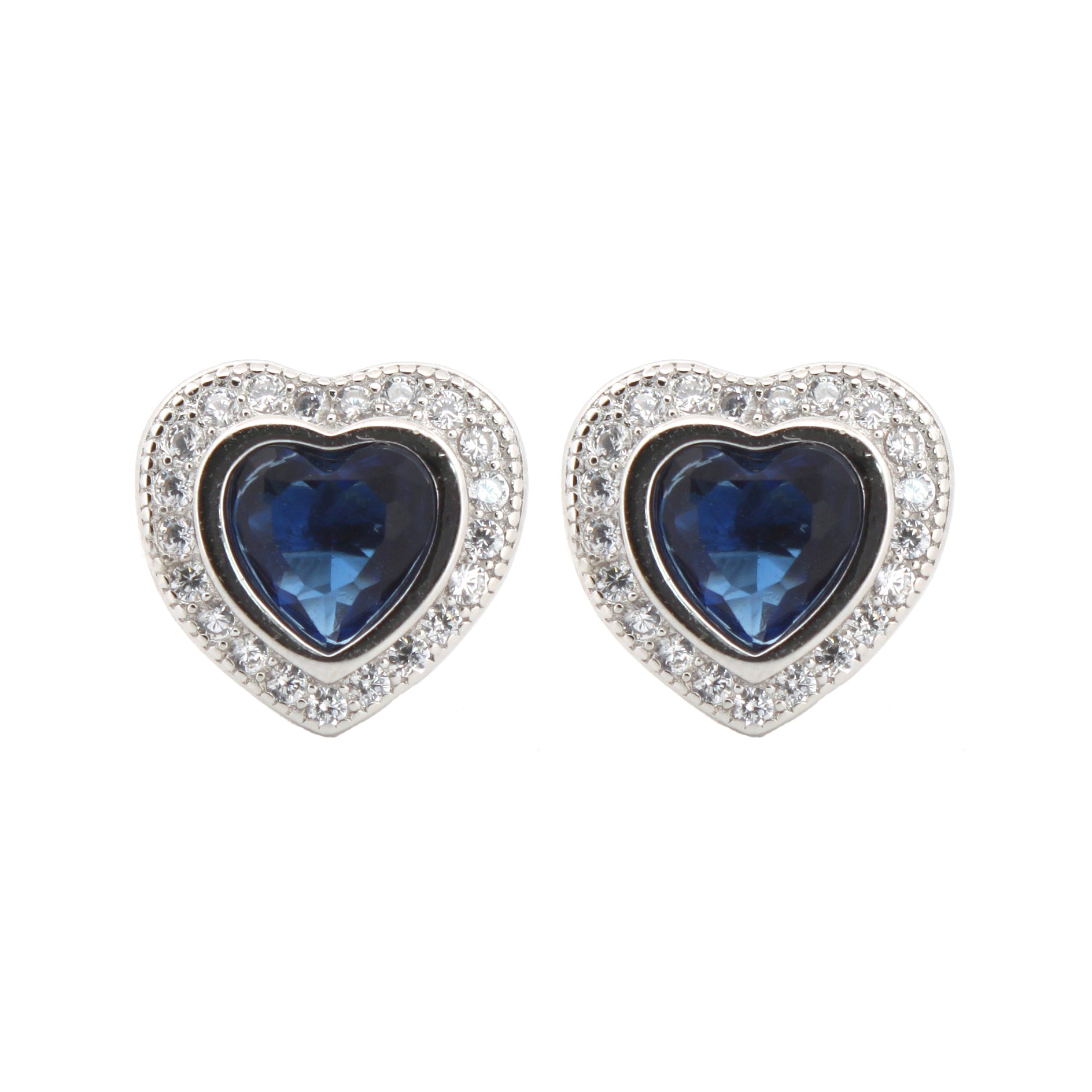 925 Silver Rhodium Heart Shape Studs Sapphire Centre Cubic Zirconia