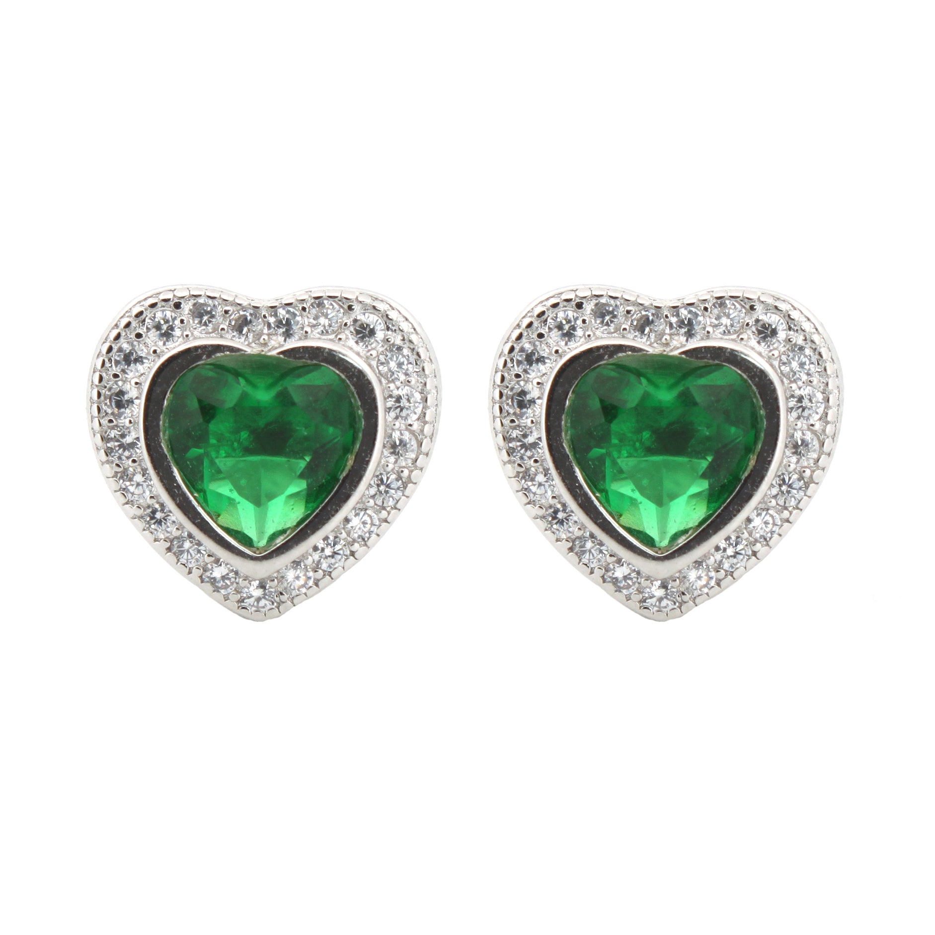 925 Silver Rhodium Heart Shape Studs Emerald Centre Cubic Zirconia