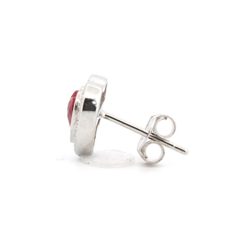 925 Silver Rhodium Heart Shape Studs Ruby Centre Cubic Zirconia