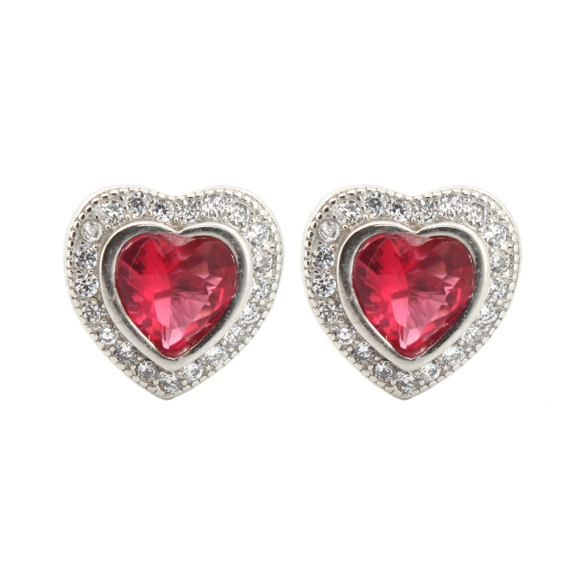 925 Silver Rhodium Heart Shape Studs Ruby Centre Cubic Zirconia