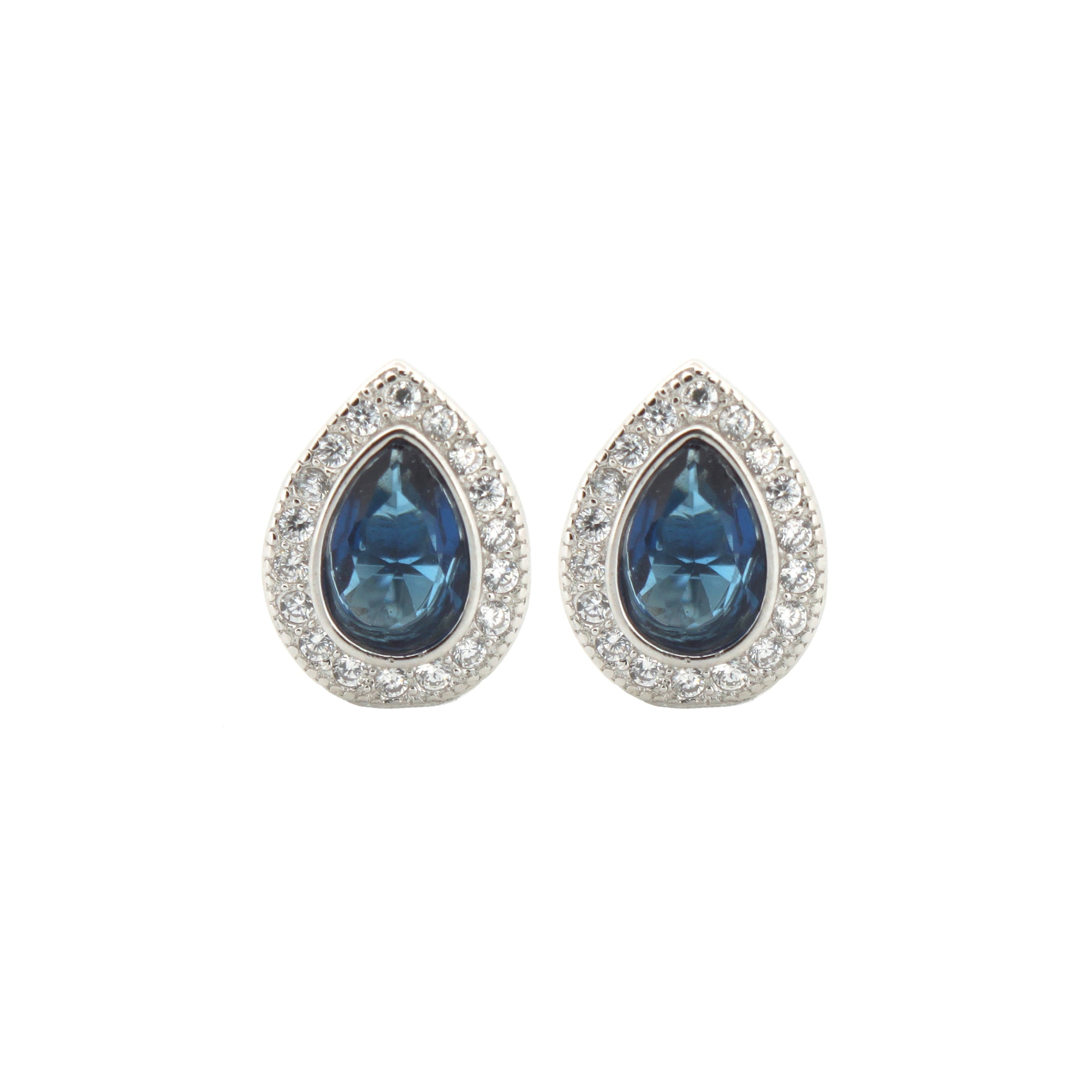 925 Silver Rhodium Pear Shape Studs Sapphire Centre Cubic Zirconia