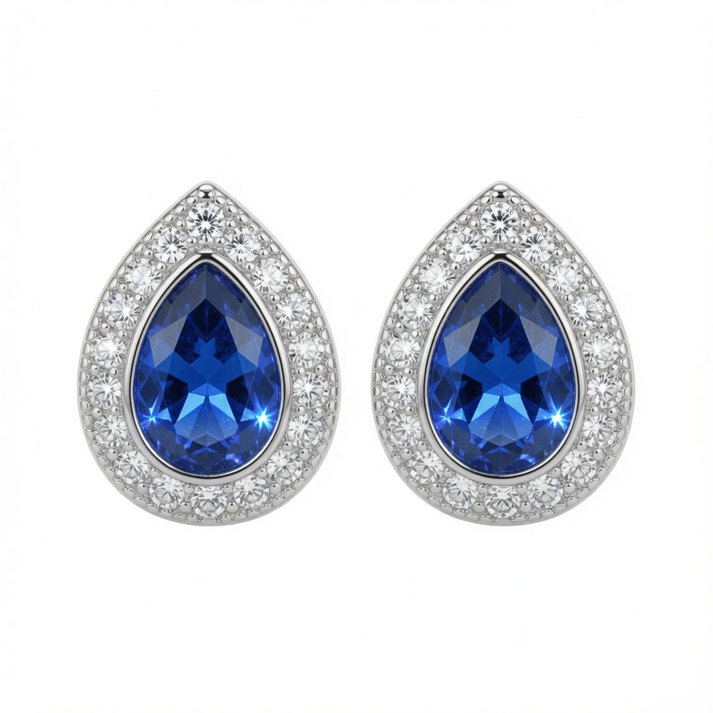 925 Silver Rhodium Pear Shape Studs Sapphire Centre Cubic Zirconia