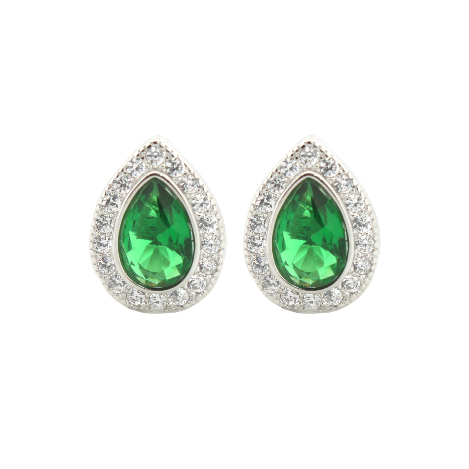 925 Silver Rhodium Pear Shape Studs Emerald Centre Cubic Zirconia