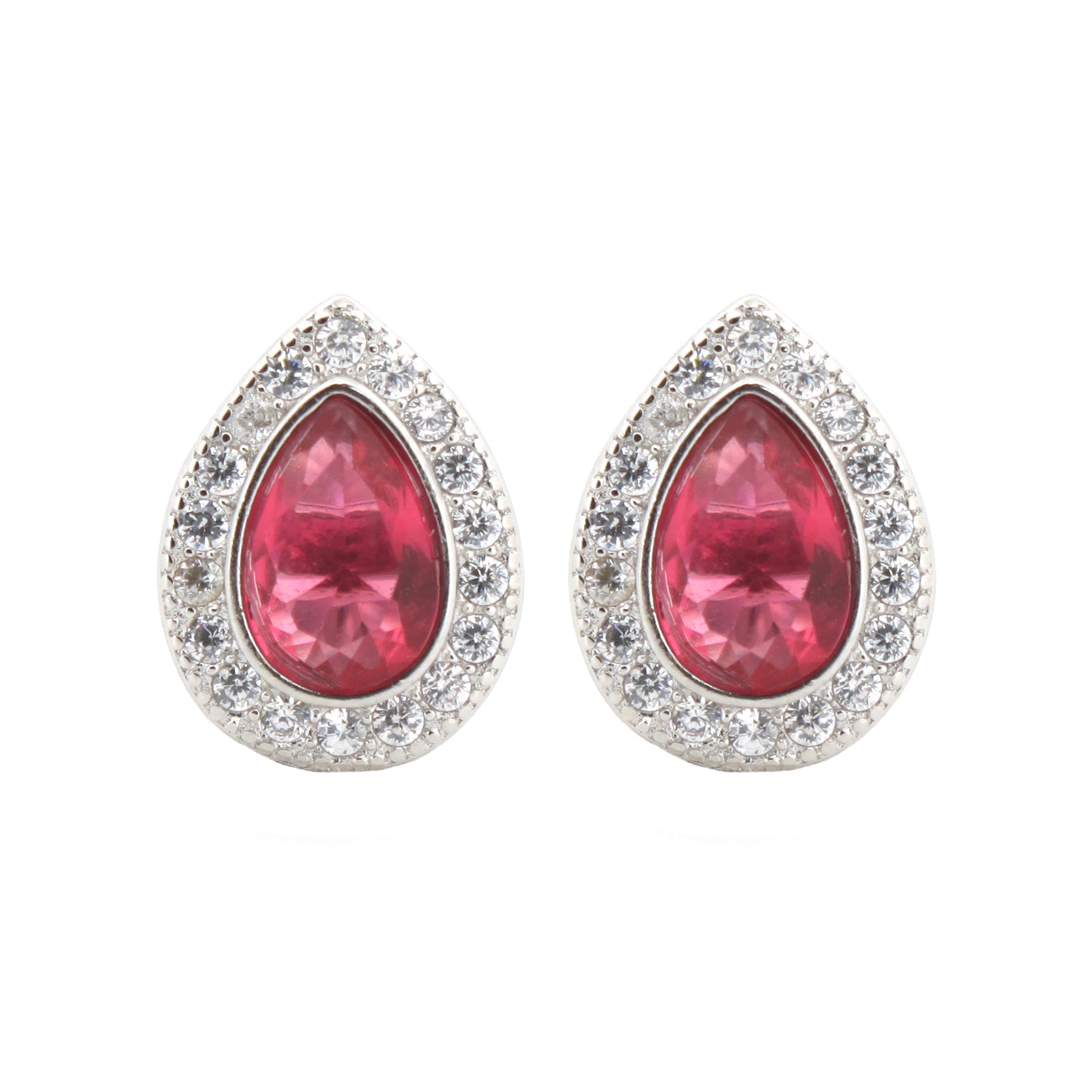 925 Silver Rhodium Pear Shape Studs Ruby Centre Cubic Zirconia