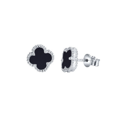 925 Silver Rhodium Clover Studs Onyx
