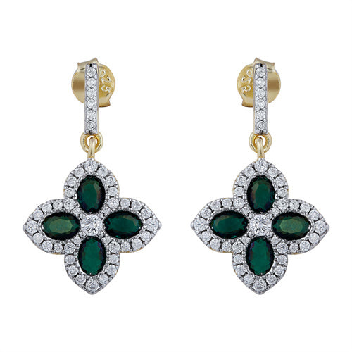 AES226G | 925 Silver 14ct Gold Plate CZ Set Clover Drops Green