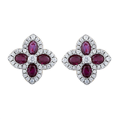 925 Silver 14ct Gold Plate Cubic Zirconia Set Clover Studs Red