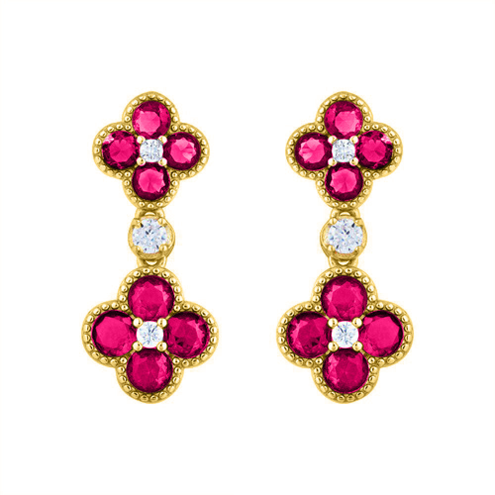 925 Silver 14ct Gold Plate Cubic Zirconia Set Clover Drops Red