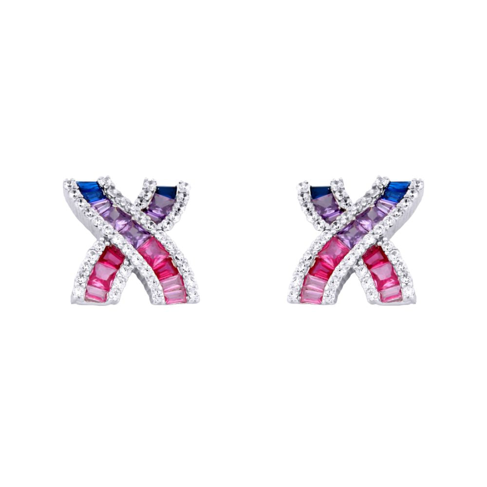 925 Silver Rhodium Plated Multo Col Cubic Zirconia Set Kisses Studs