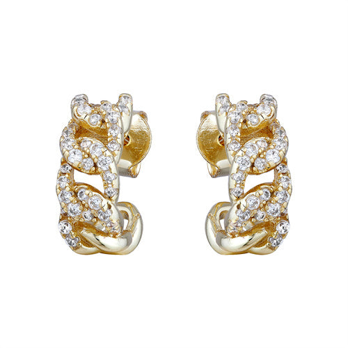 925 Silver 14ct Gold Plated Cubic Zirconia Set Curb Half Hoop Studs