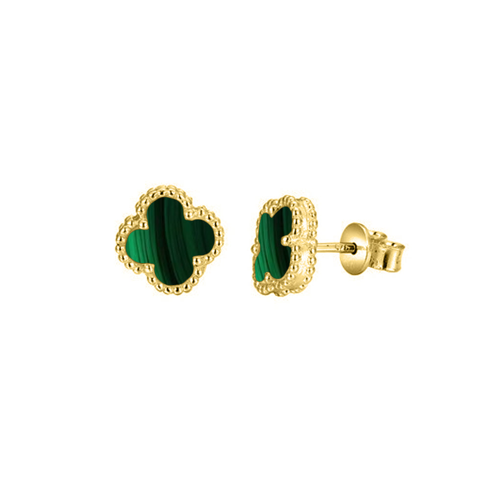 925 Silver 14ct Gold Plated Green Malachite Clover Studs