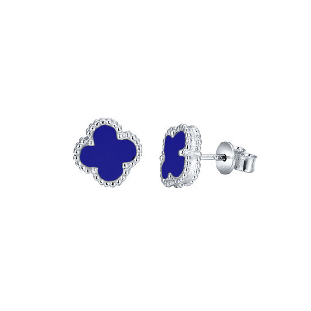 925 Silver Rhodium Plated Blue Agate Clover Studs