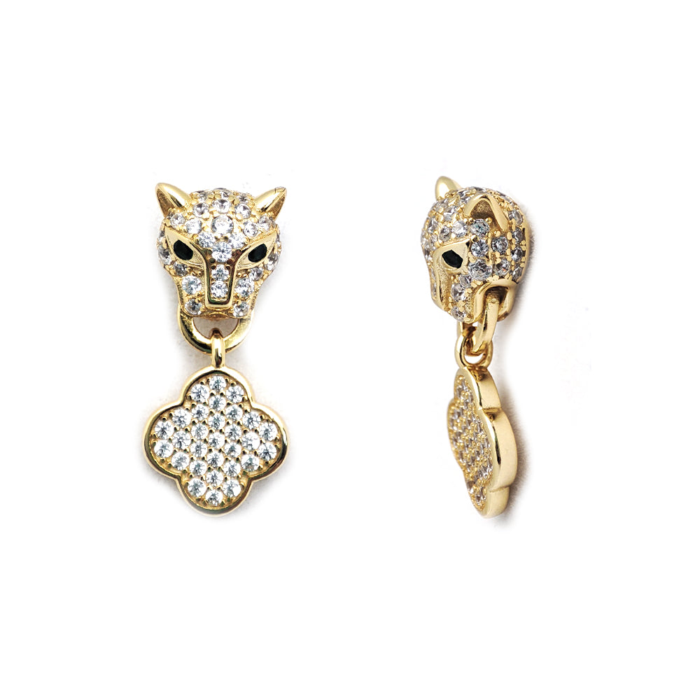 925 Silver 14ct Gold Plated Cubic Zirconia Set Panther Clover Stud Drops