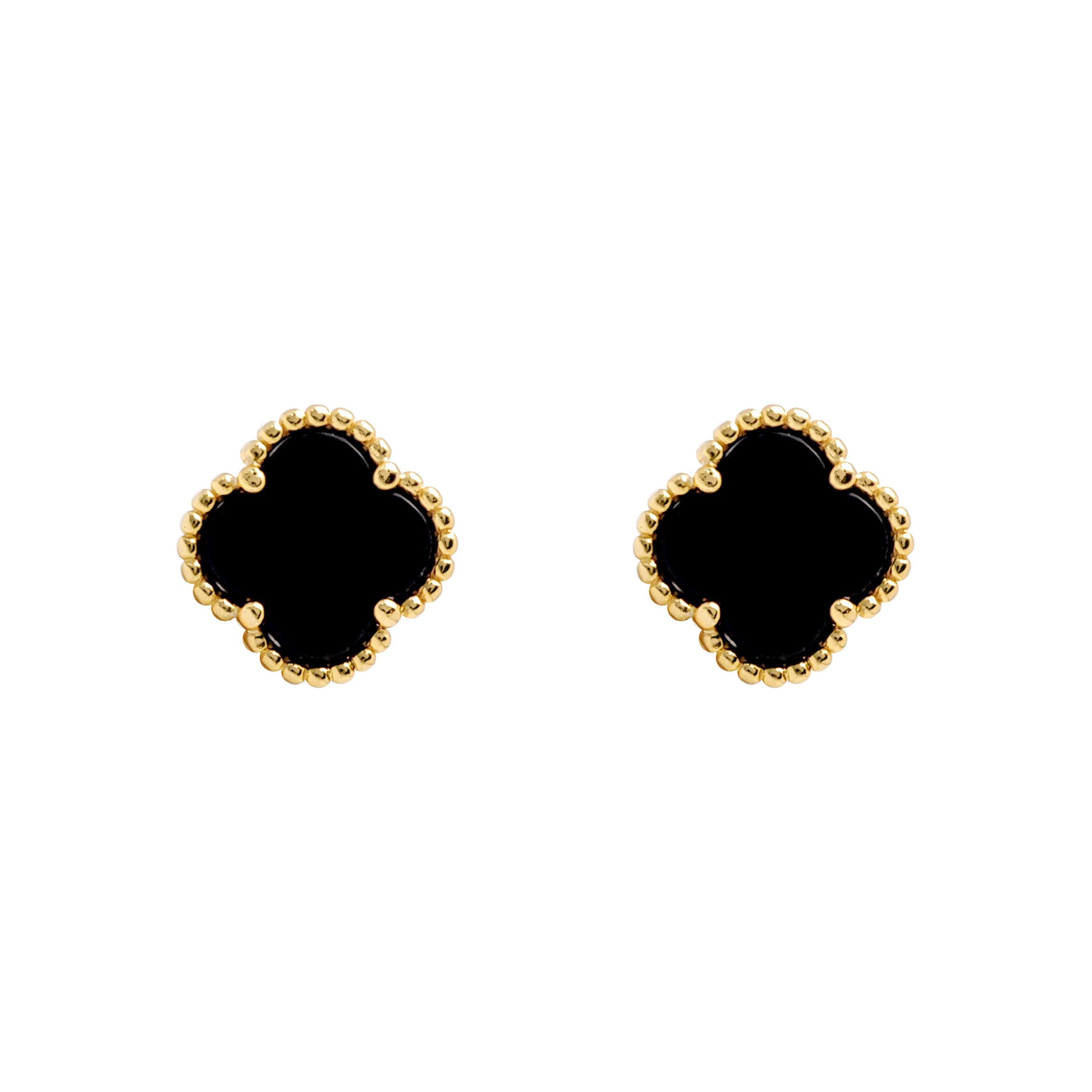 AES254-GP | 925 Silver 14ct gold Plated 5 Clover Stud Earrings Black Onyx Colour