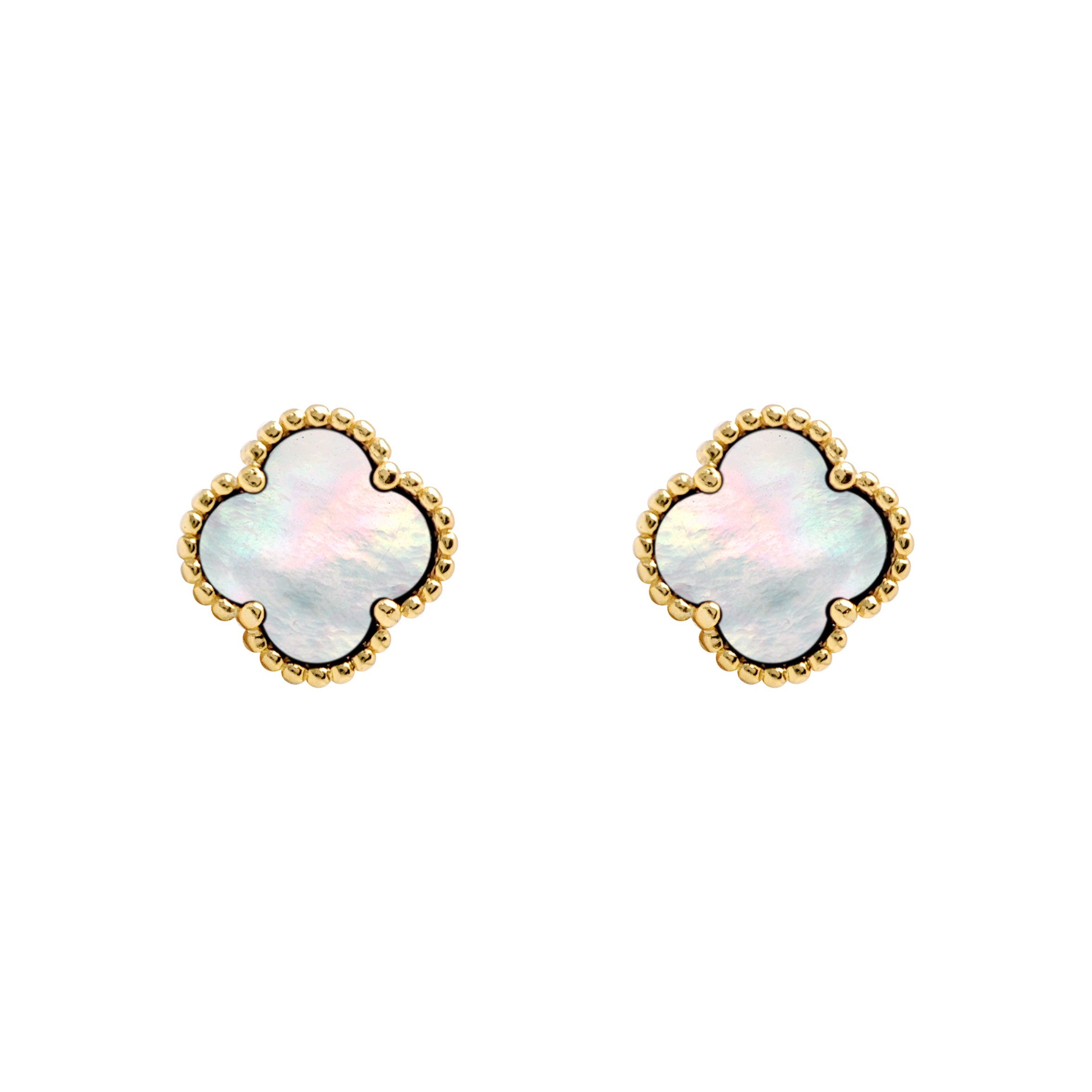 925 Silver 14ct gold Plated 5 Clover Stud Earrings MOP White Colour