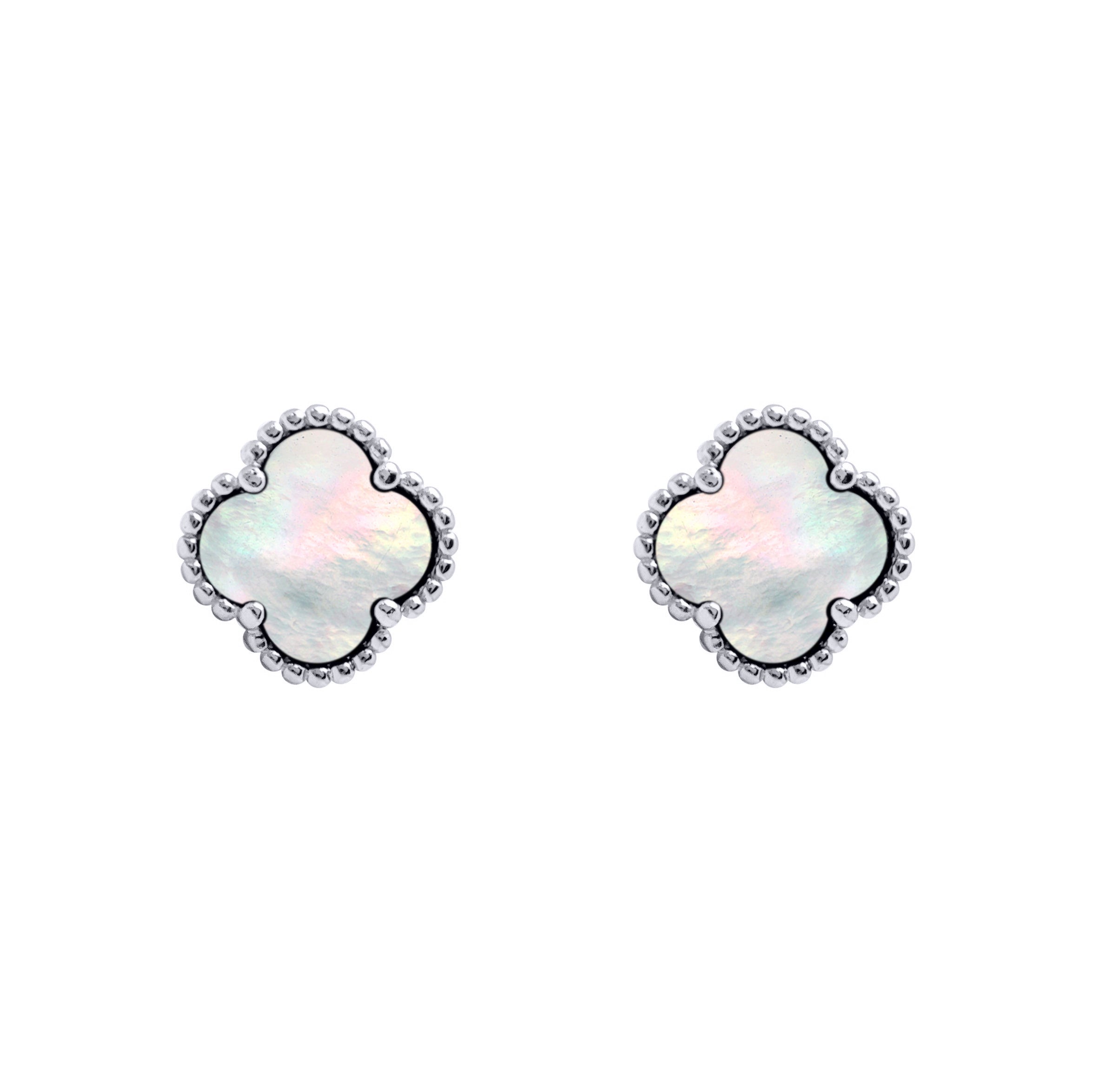 925 Silver Rhodium 5 Clover Stud Earrings MOP White Colour