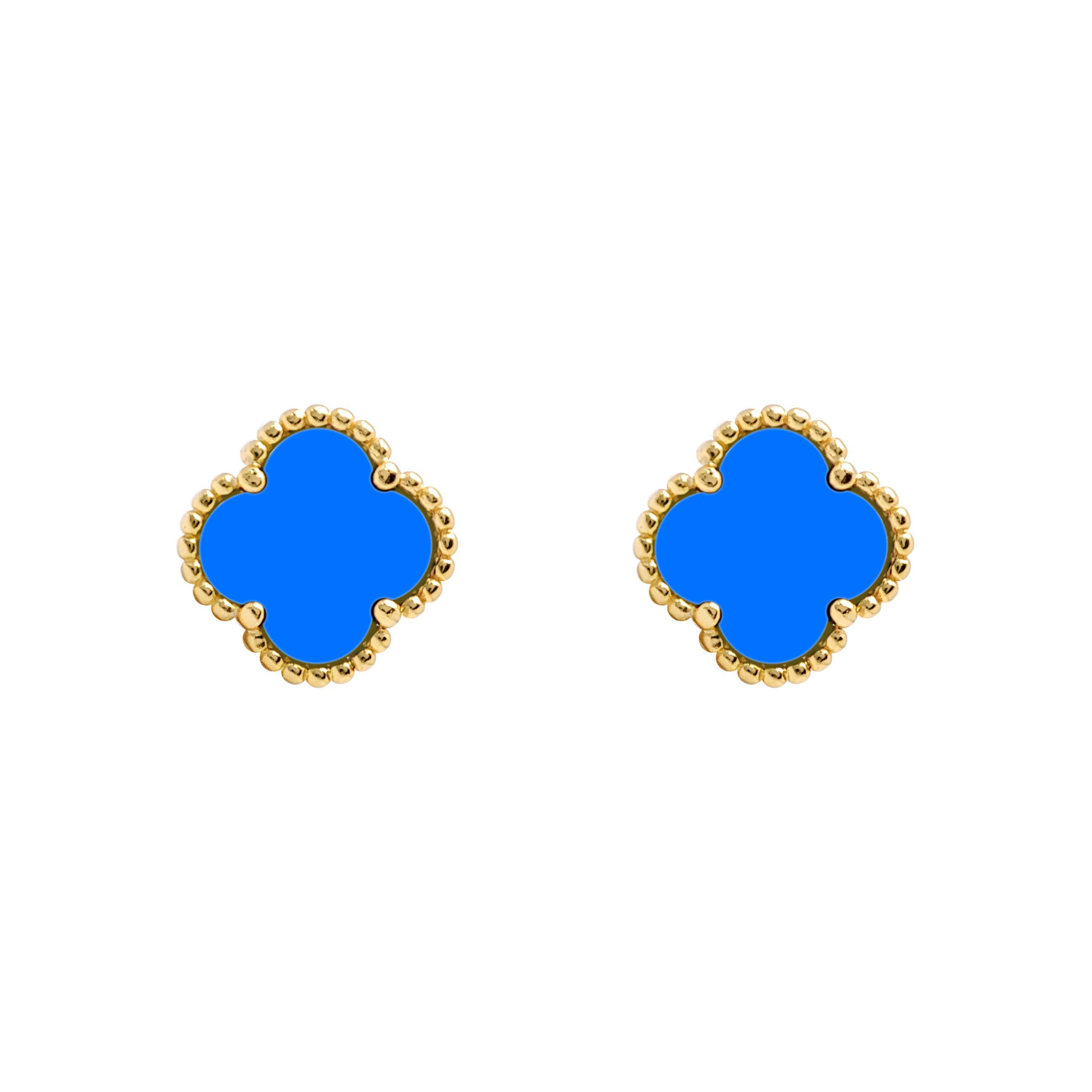 AES256-GP | 925 Silver 14ct gold Plated 5 Clover Stud Earrings Blue Agate Colour