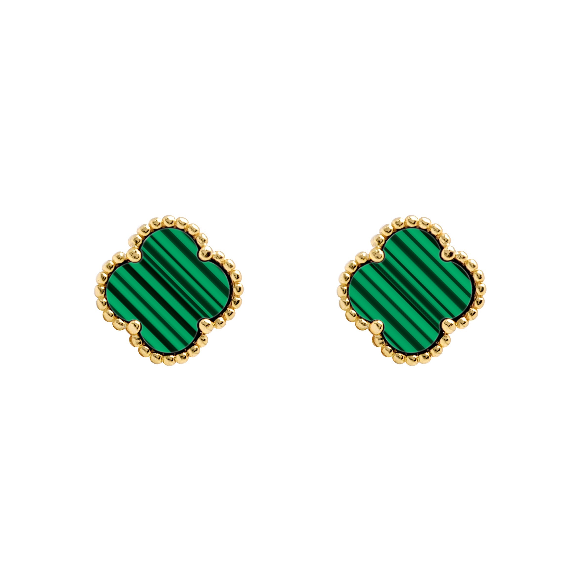 AES257-GP | 925 Silver 14ct gold Plated 5 Clover Stud Earrings Malachite Green