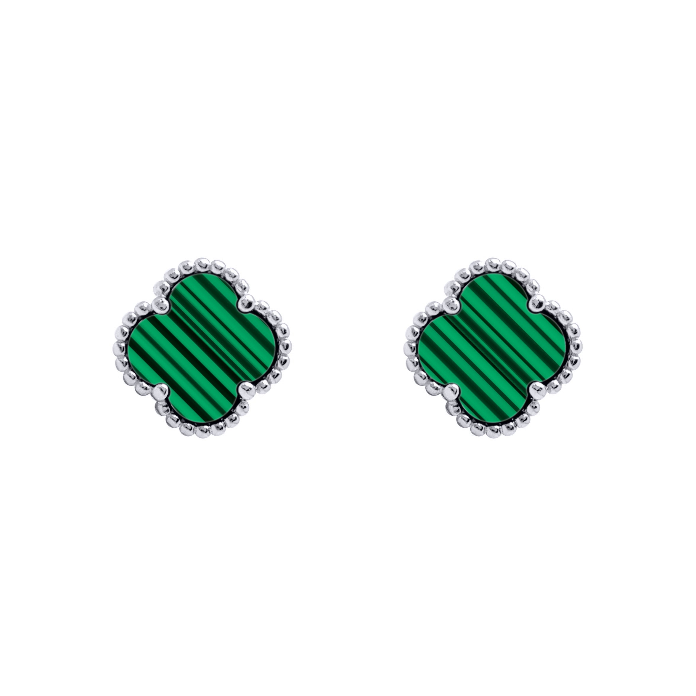 925 Silver Rhodium 5 Clover Stud Earrings Malachite Green Colour