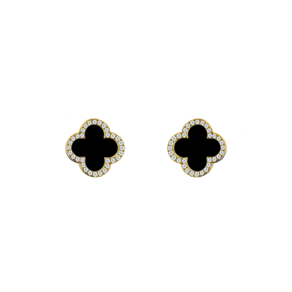AES258-GP | 925 Silver 14ct gold Plated CZ Set 5 Clover Stud Earrings Black Onyx Colour