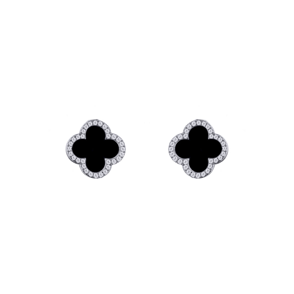 925 Silver Rhodium Plated Cubic Zirconia Set 5 Clover Stud Earrings Black Onyx Colour